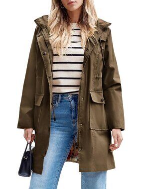 Women's Brown Lightweight Comfort Waterproof Rain Jacket Long Hooded Trench Coat
